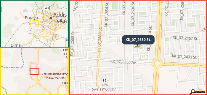 Map showing the address of KK_07_2630 St. in three different zoom levels.