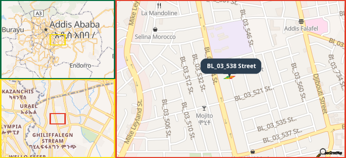 Map showing the address of BL_03_538 Street in three different zoom levels.