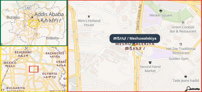 Map showing the address of መሿለኪያ / Meshuwalekiya in three different zoom levels.
