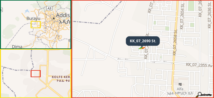 Map showing the address of KK_07_2690 St. in three different zoom levels.