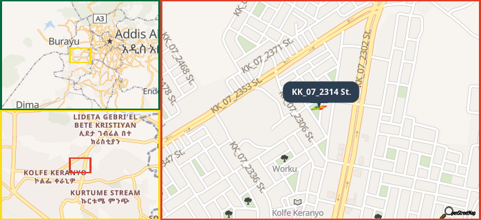 Map showing the address of KK_07_2314 St. in three different zoom levels.