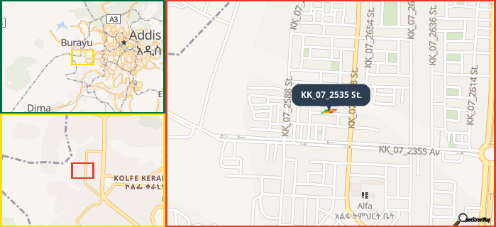 Map showing the address of KK_07_2535 St. in three different zoom levels.