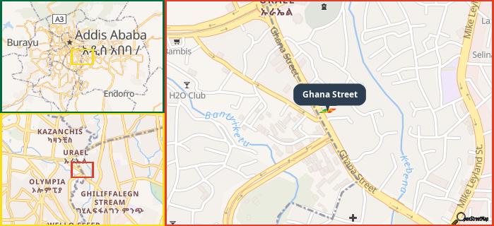 Map showing the address of Ghana Street in three different zoom levels.