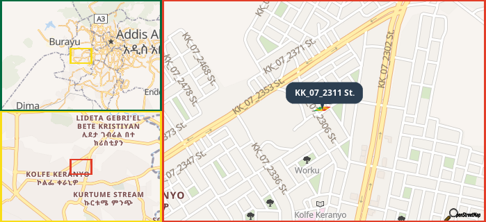 Map showing the address of KK_07_2311 St. in three different zoom levels.