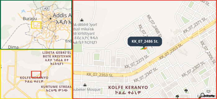 Map showing the address of KK_07_2486 St. in three different zoom levels.