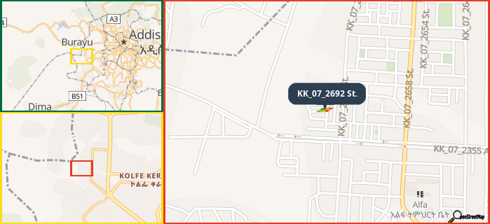 Map showing the address of KK_07_2692 St. in three different zoom levels.