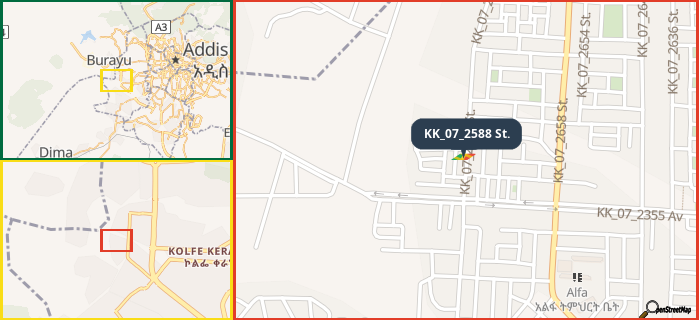 Map showing the address of KK_07_2588 St. in three different zoom levels.