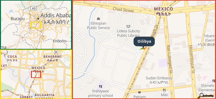 Map showing the address of Oilibya in three different zoom levels.