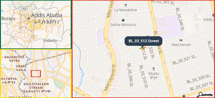 Map showing the address of BL_03_512 Street in three different zoom levels.