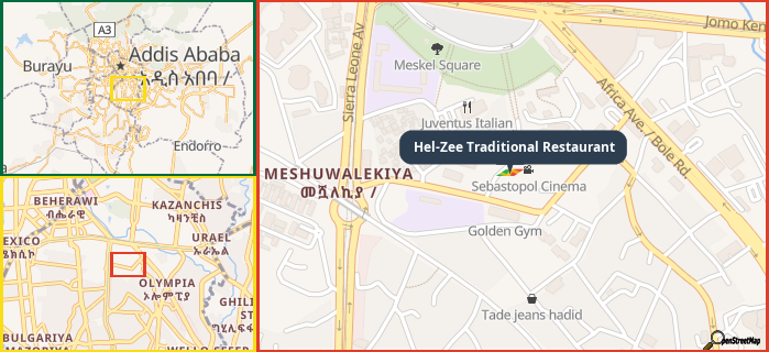 Map showing the address of Hel-Zee Traditional Restaurant in three different zoom levels.