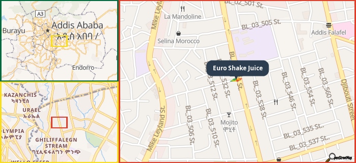 Map showing the address of Euro Shake Juice in three different zoom levels.