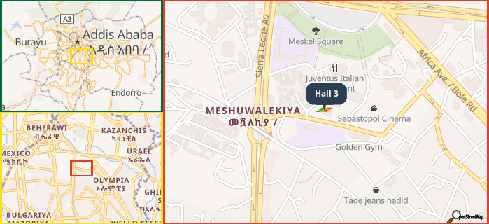 Map showing the address of Hall 3 in three different zoom levels.