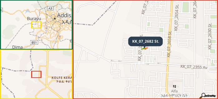 Map showing the address of KK_07_2682 St. in three different zoom levels.