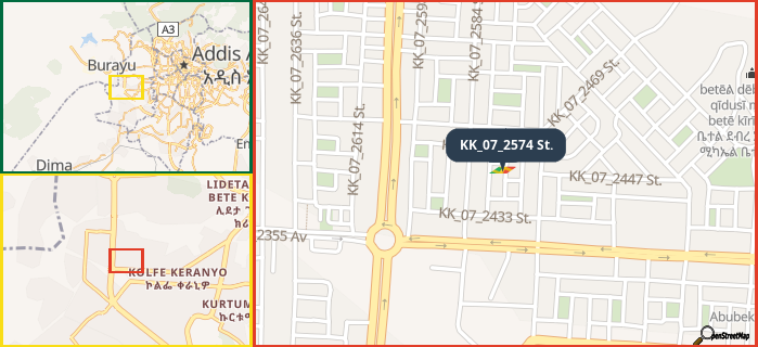 Map showing the address of KK_07_2574 St. in three different zoom levels.