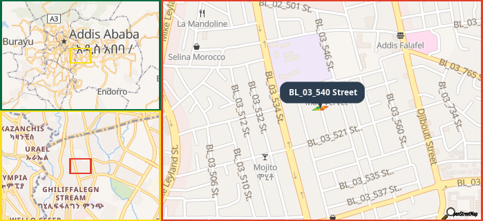 Map showing the address of BL_03_540 Street in three different zoom levels.