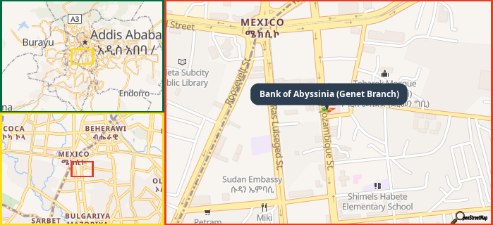 Map showing the address of Bank of Abyssinia (Genet Branch) in three different zoom levels.