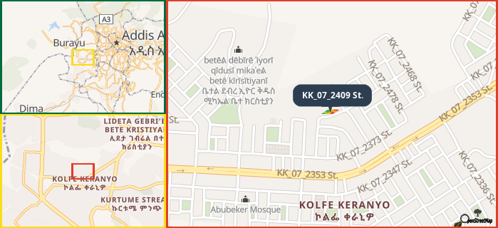 Map showing the address of KK_07_2409 St. in three different zoom levels.