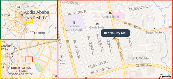 Map showing the address of Bedria City Mall in three different zoom levels.