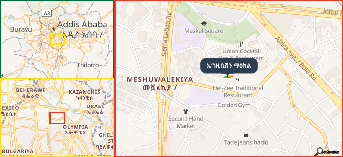 Map showing the address of ኤግዚቢሽን ማዕከል in three different zoom levels.