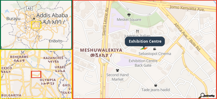Map showing the address of Exhibition Centre in three different zoom levels.