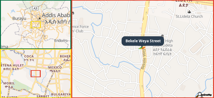 Map showing the address of Bekele Weya Street in three different zoom levels.