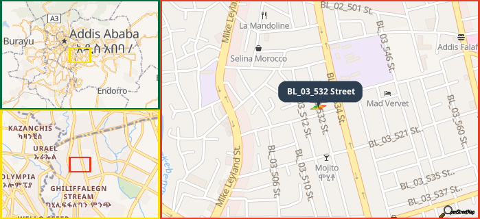 Map showing the address of BL_03_532 Street in three different zoom levels.