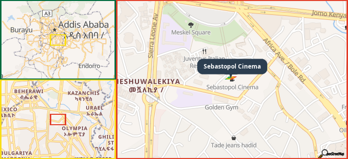 Map showing the address of Sebastopol Cinema in three different zoom levels.