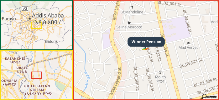 Map showing the address of Winner Pension in three different zoom levels.