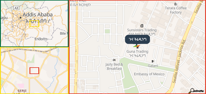Map showing the address of ጉና ትሬዲንግ in three different zoom levels.