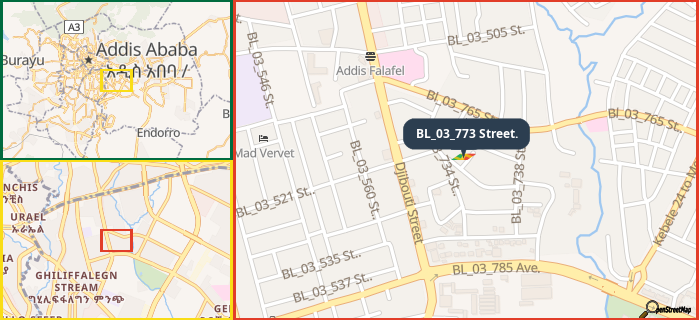 Map showing the address of BL_03_773 Street. in three different zoom levels.