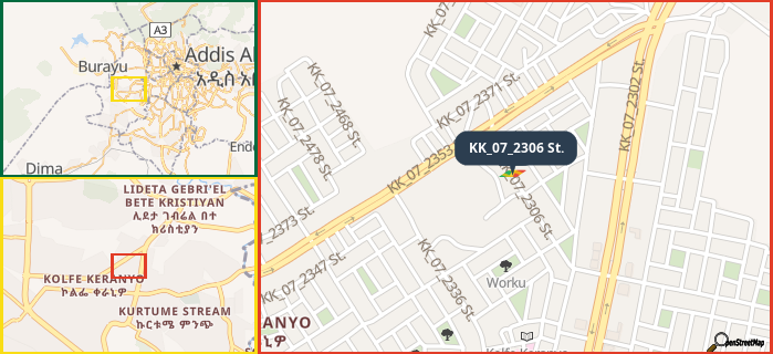 Map showing the address of KK_07_2306 St. in three different zoom levels.