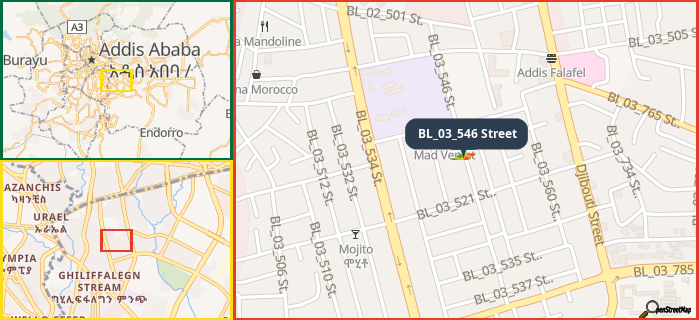 Map showing the address of BL_03_546 Street in three different zoom levels.