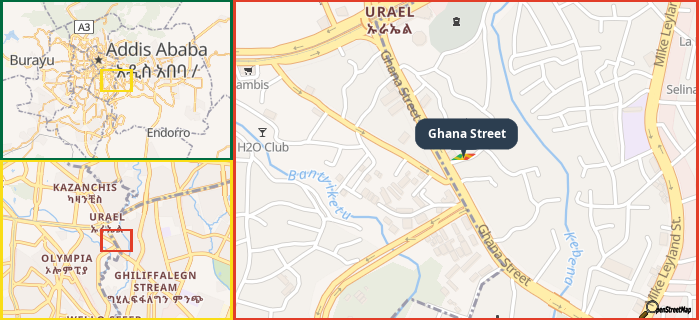 Map showing the address of Ghana Street in three different zoom levels.