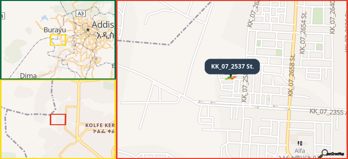 Map showing the address of KK_07_2537 St. in three different zoom levels.