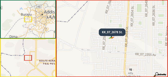 Map showing the address of KK_07_2678 St. in three different zoom levels.