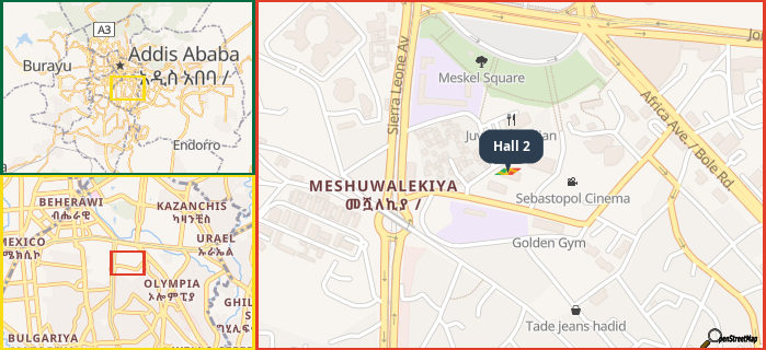 Map showing the address of Hall 2 in three different zoom levels.