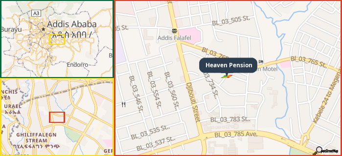 Map showing the address of Heaven Pension in three different zoom levels.
