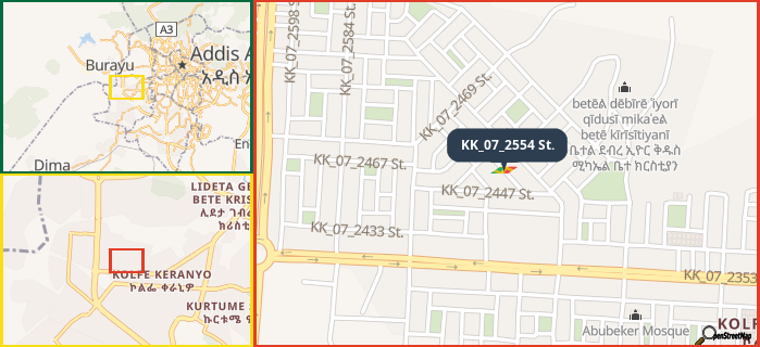 Map showing the address of KK_07_2554 St. in three different zoom levels.