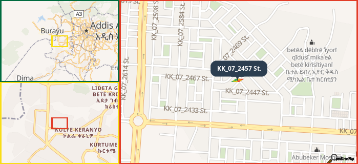 Map showing the address of KK_07_2457 St. in three different zoom levels.