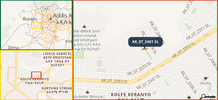 Map showing the address of KK_07_2401 St. in three different zoom levels.