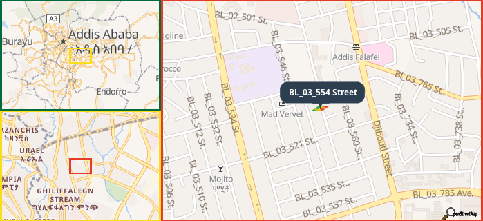 Map showing the address of BL_03_554 Street in three different zoom levels.