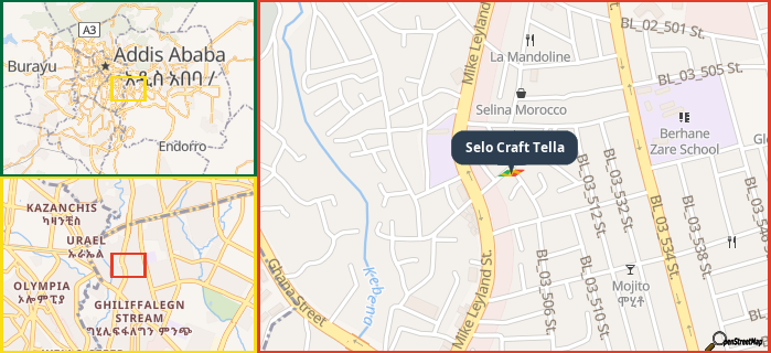 Map showing the address of Selo Craft Tella in three different zoom levels.