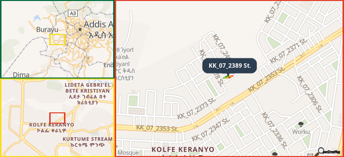 Map showing the address of KK_07_2389 St. in three different zoom levels.