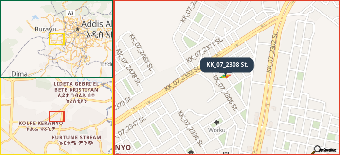 Map showing the address of KK_07_2308 St. in three different zoom levels.