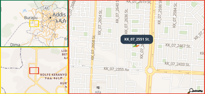 Map showing the address of KK_07_2551 St. in three different zoom levels.