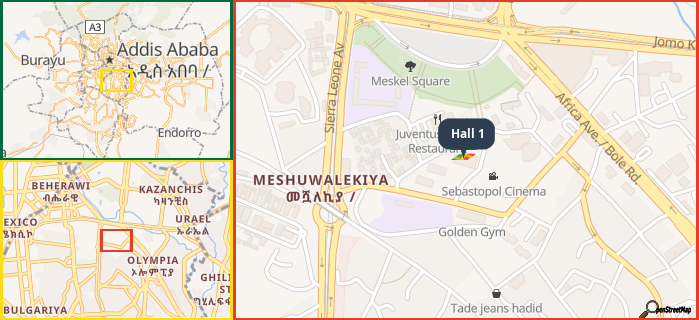 Map showing the address of Hall 1 in three different zoom levels.