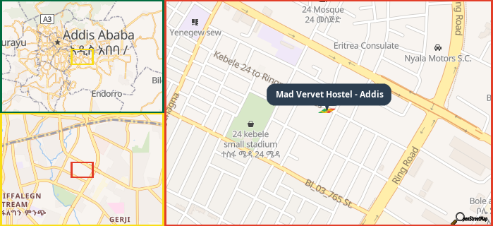 Map showing the address of Mad Vervet Hostel - Addis in three different zoom levels.