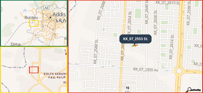 Map showing the address of KK_07_2553 St. in three different zoom levels.