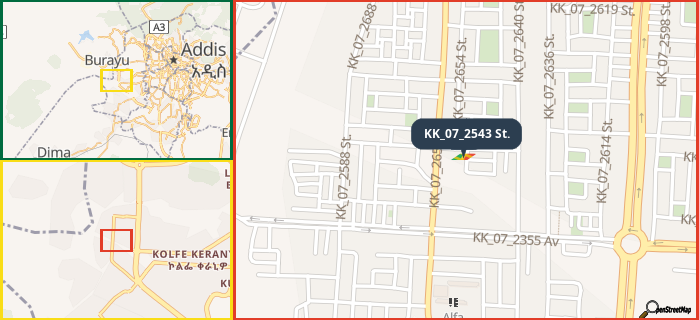 Map showing the address of KK_07_2543 St. in three different zoom levels.