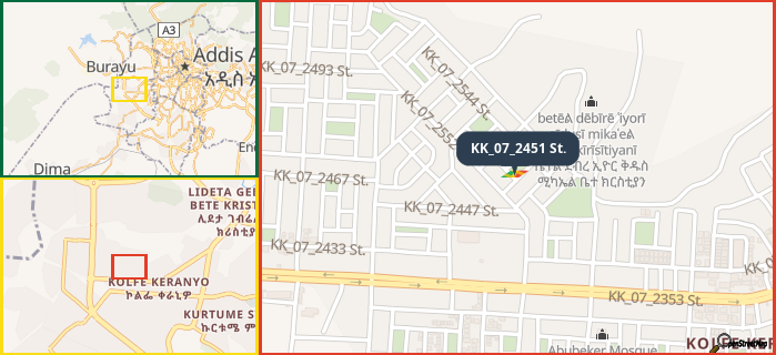 Map showing the address of KK_07_2451 St. in three different zoom levels.